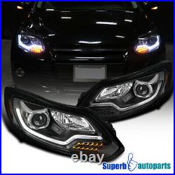 For 2012-2014 Ford Focus Black Projector Headlights with LED Sequential Signal